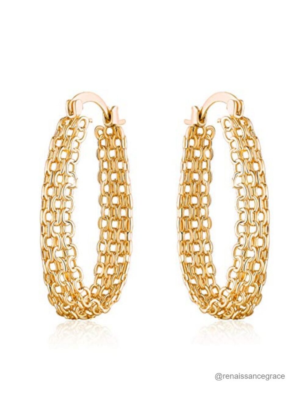 18K Gold Plated Hoop Earrings - Link Mesh Braided Filigree, Hypoallergenic